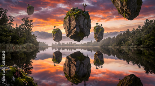 Surreal floating islands with lush vegetation reflected in a calm lake at sunset.