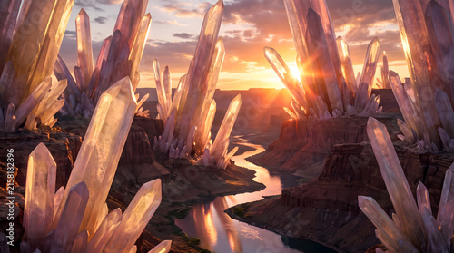 Surreal landscape with giant glowing crystals and a winding river at sunset.