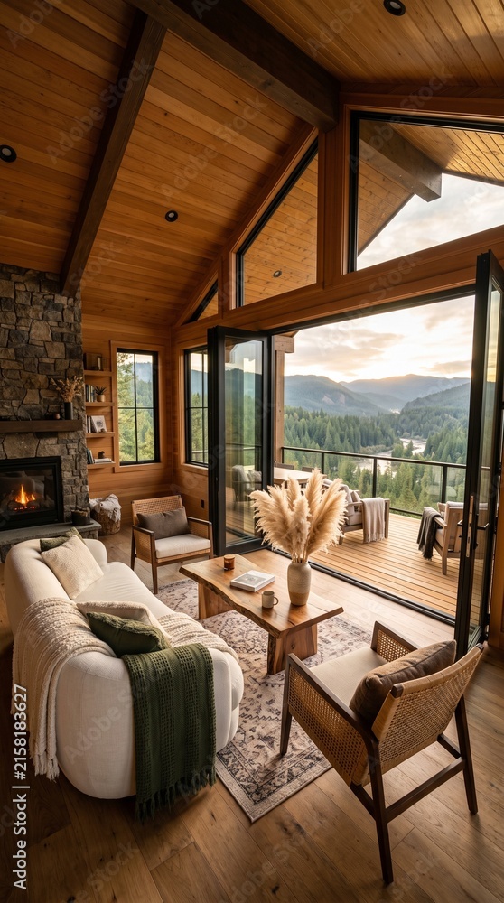 Fototapeta premium Cozy Modern Mountain Cabin Living Room with Scenic Forest and Mountain View