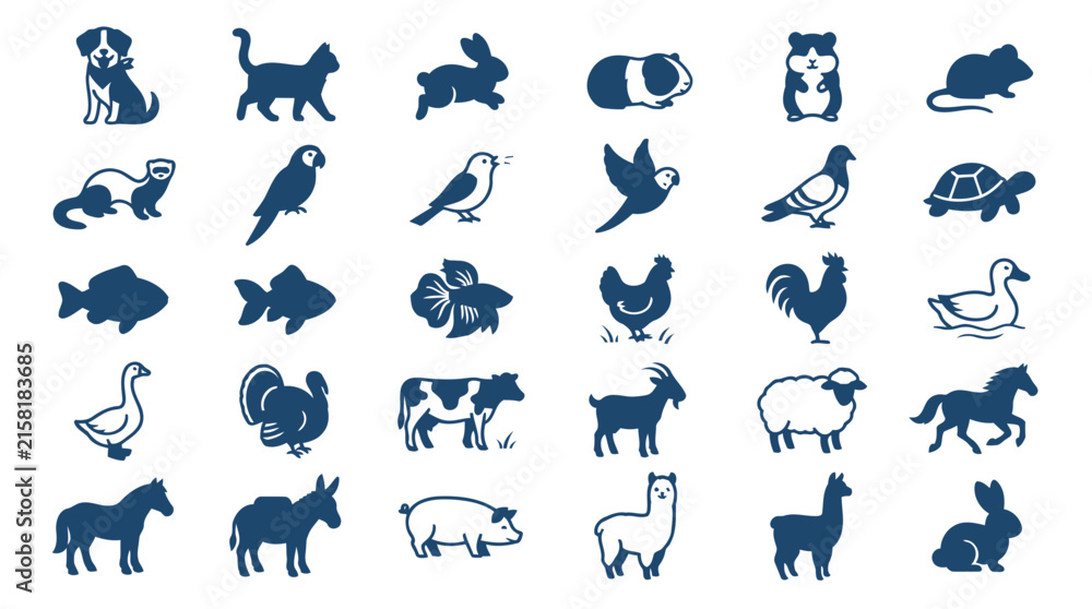 Obraz premium Pets and farm animals vector icons. domestic and livestock creatures symbol collection.
