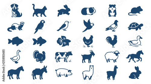 Pets and farm animals vector icons. domestic and livestock creatures symbol collection.