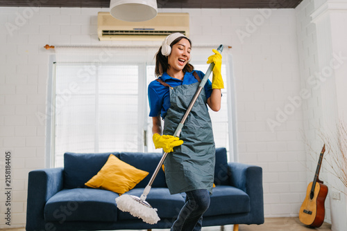 Woman Happily Mopping Home Living Room Clean Lifestyle