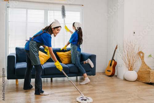 Professional Cleaning Team Mopping Dusting Modern Home Interior Quality Hygiene