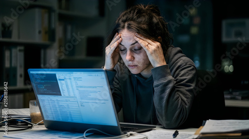 Stressed employee rubbing temples while working late on a laptop in a dark office.
