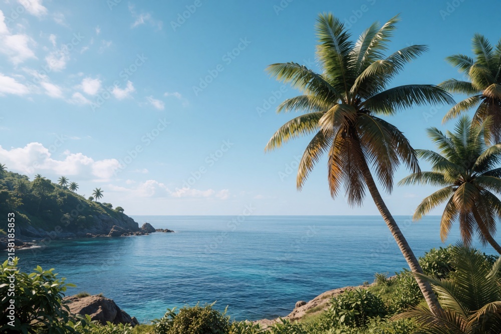 Fototapeta premium Palm trees on green cliff edge overlook clear blue ocean water under bright sunny sky. Tropical landscape offers calm sea and exotic island vibe, perfect for serene nature backgrounds.