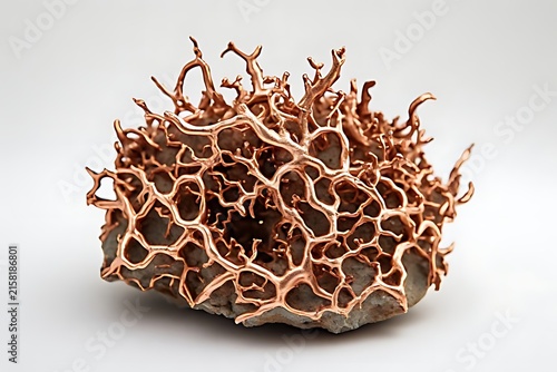 IA generated, raw native copper mineral specimen with intricate dendritic arborescent formation isolated on white background.