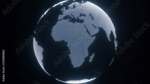 3D digital globe animation with glowing white dot matrix continents rotating on black background 