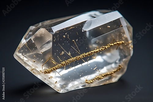  IA generated, transparent quartz crystal with golden rutile needle inclusions isolated on dark background.