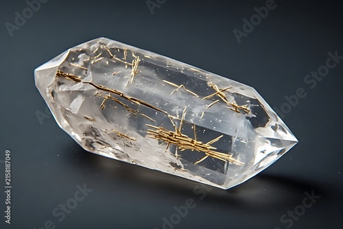  IA generated, transparent quartz crystal with golden rutile needle inclusions isolated on dark background.
