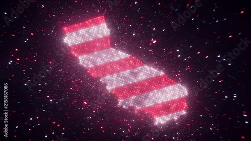 California map animation with glowing red white and blue particles forming state silhouette on black background 