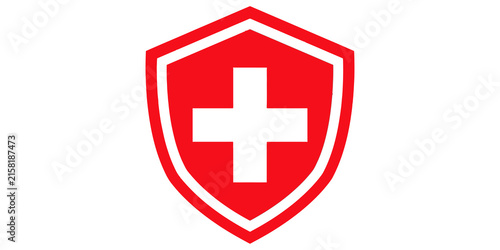 Fotografía Red shield with cross icon symbol sign for medical or health care
