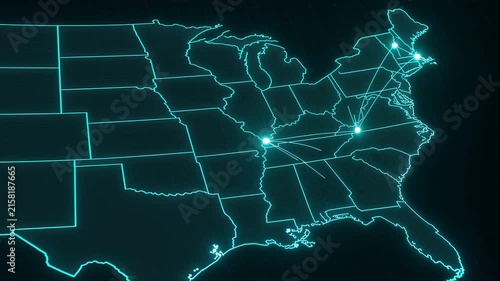 Futuristic United States digital map animation with glowing cyan network nodes and connecting data lines on grid background 