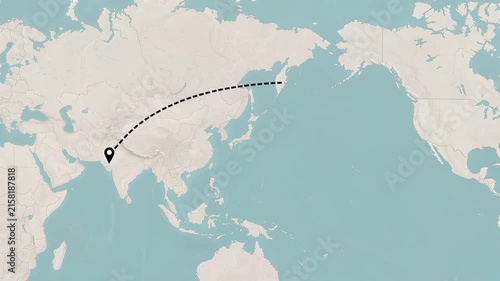 India to United States travel route map animation with location pins and curved flight path trajectory 