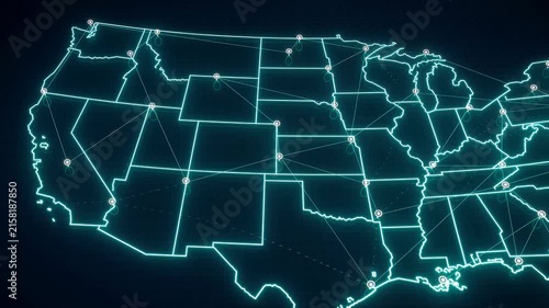 Futuristic United States digital map animation with glowing cyan network nodes and connecting data lines 