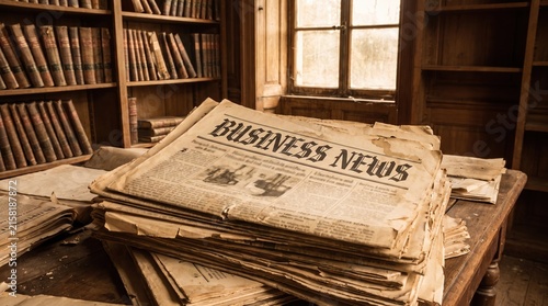 Vintage Business News Stack in Old Library Study