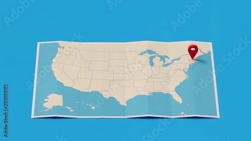 Isometric 3D United States map animation with red location pins and folded paper opening effect 