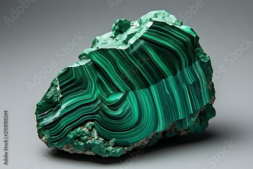 IA generated, raw green malachite mineral specimen with banded textures isolated on a solid background.