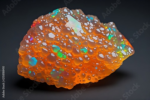 IA generated, raw Mexican Fire Opal specimen with vivid play-of-color isolated on dark grey background. Natural precious gemstone.