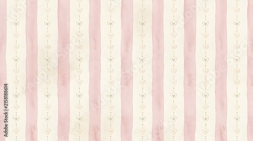 Pink and cream vertical striped watercolor pattern background decorated with delicate heart garlands and subtle paper texture for baby shower, wedding, and romantic card design.