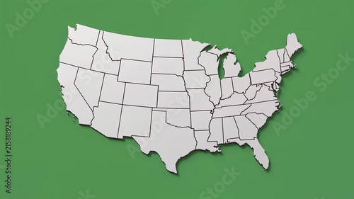 United States map animation with assembling state pieces on green screen chroma key background 