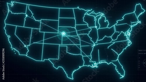 United States map animation with cyan neon outline data nodes and digital network laser lines on dark background 