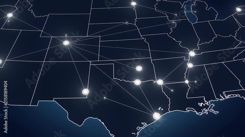 United States map animation with glowing network nodes and digital city connections on dark blue background 