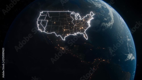 United States map outline animation with glowing neon border and city lights at night from outer space 