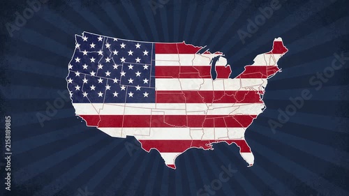 USA map animation with American flag texture on vintage sunburst background patriotic 2D motion graphic 