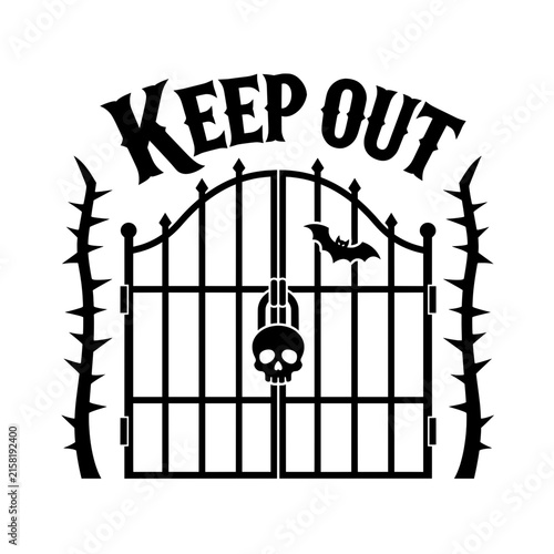 Keep out halloween gate vector with skull lock bat and thorny branches for spooky graveyard entrance or haunted house art.