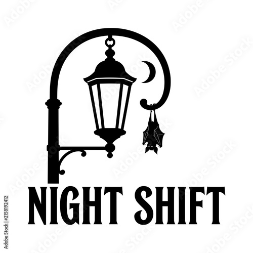 Night shift halloween street lamp vector with hanging bat and crescent moon for spooky city atmosphere and shirt designs.