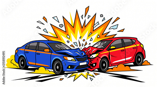 Car accident explosion, comic book style crash illustration, head on collision pop art