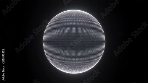 Glowing pixelated digital globe animation on black background with futuristic technology network and seamless rotation