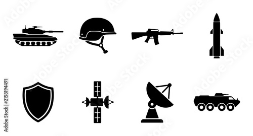 Military Icons Set: Tank, Helmet, Rifle, Missile, Shield, Satellite, Radar, Armored Vehicle