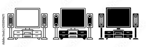 3 Home Theater Setups Icons, Outline and Solid Styles, for Entertainment Media