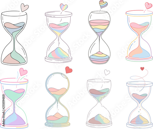 Hourglass with heart pastel vector illustration set, minimal line art design, transparent background SVG