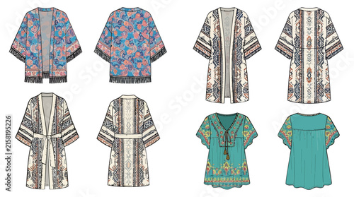 Fashionable collection of women's printed resort wear kimonos and tunics