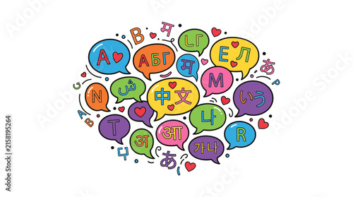 Colorful Speech Bubbles with Diverse Language Characters for Global Communication Concept