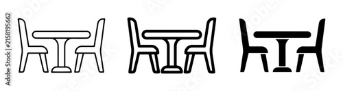 Dining table and chairs icon set for restaurant and cafe UI, outline, solid and color styles, white background