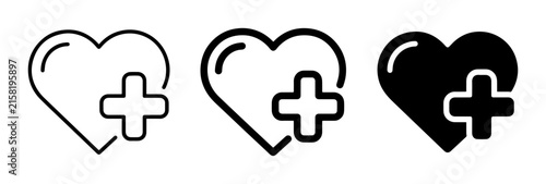 Heart with plus icon set for health and medical services outline, solid and color styles, white background