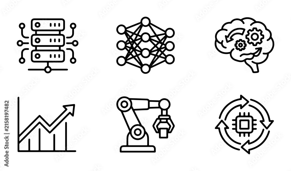 Fototapeta premium AI and Machine Learning Icons Set, Neural Network, Robotics, Data Analysis, Server Technology
