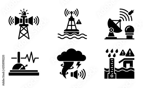 Emergency Alert Icons, Warning Signals, Disaster Warning System Icons, Weather Alert Vector Set