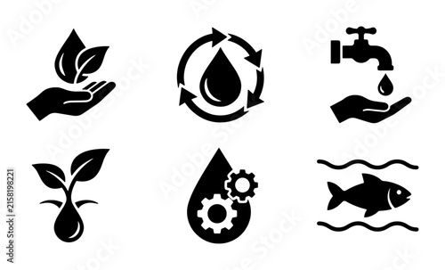 Water Conservation Icons: Eco-Friendly Resource Management, Sustainability, and Nature Protection Symbols