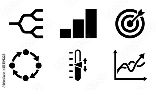 Business Analytics Icons: Growth Charts, Target, Process Flow, Data Visualization, Strategy