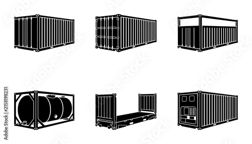 Shipping Container Icons Set, Cargo Transport Vector Graphics, Logistics Equipment Collection