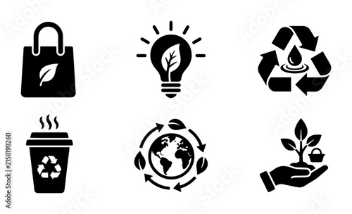 Eco-Friendly Icons Set: Sustainability, Recycling, Green Energy, Earth Care, Shopping Bag