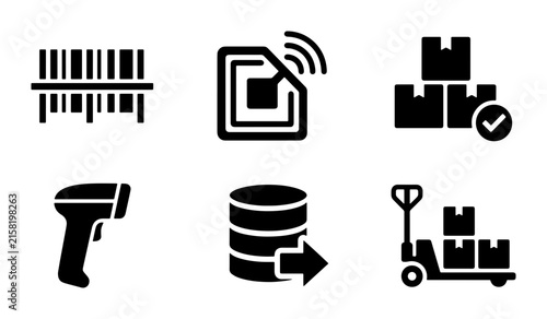Logistics Icons Set: Barcode, RFID, Stacked Boxes, Scanner, Database, Pallet Jack