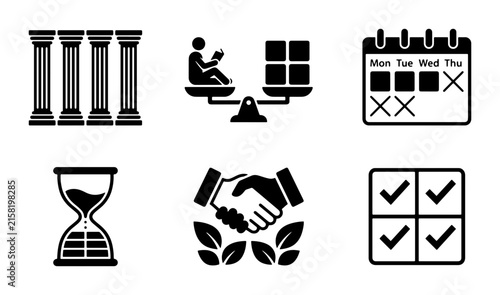 Business Icons: Pillars, Balance, Calendar, Hourglass, Handshake, Checklist Vector Set
