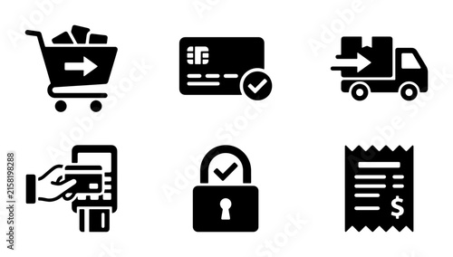 E-commerce Icons Set: Shopping Cart, Credit Card, Delivery Truck, Payment Terminal, Secure Lock, Receipt
