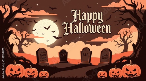 Happy halloween background with spooky graveyard, full moon, bare trees, and jackolanterns