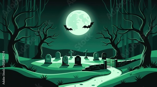 Spooky graveyard at night with full moon and bats, vector illustration of a haunted cemetery with tombstones and bare trees in a dark forest landscape